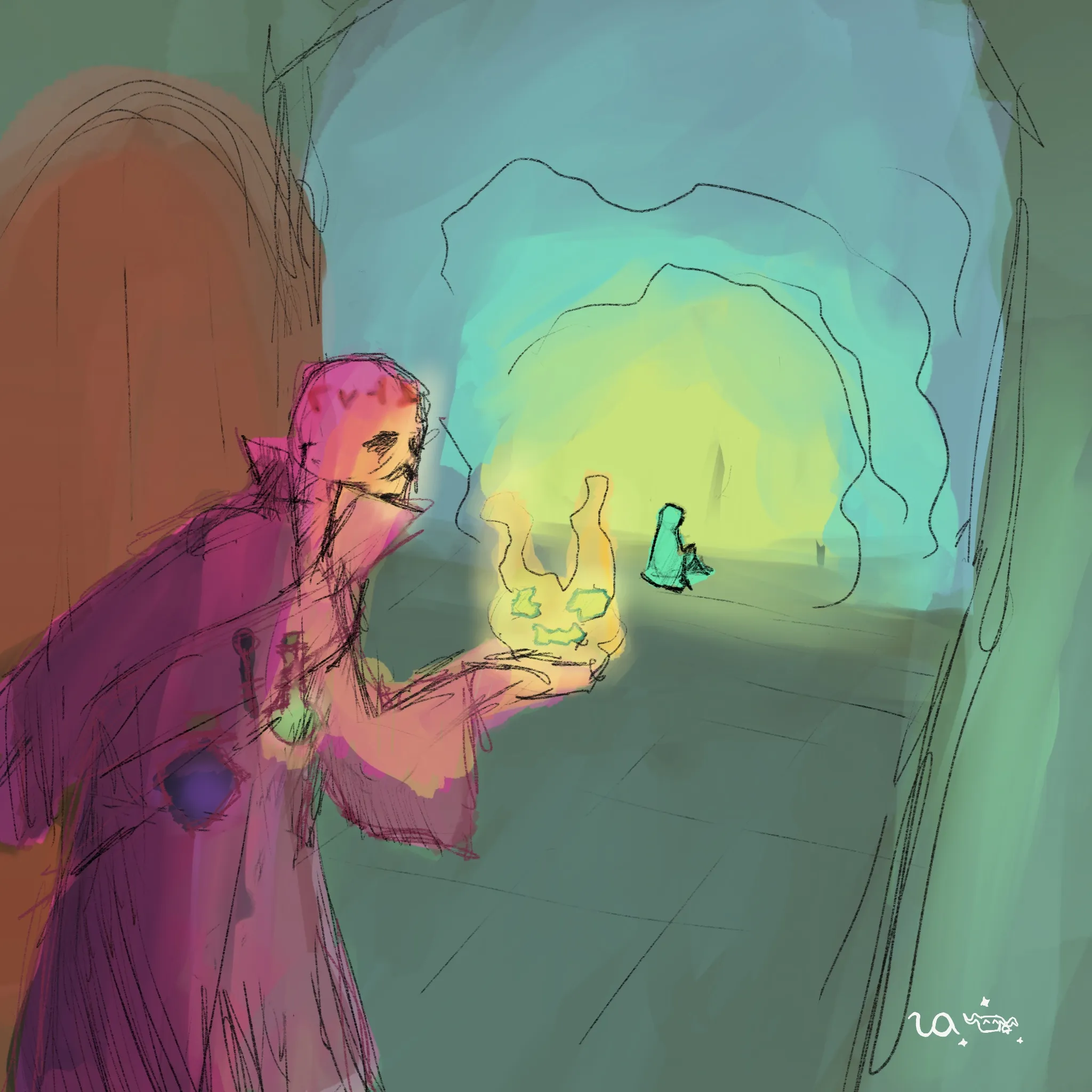 a robed man peers down a corridor lit by a flame in his hand