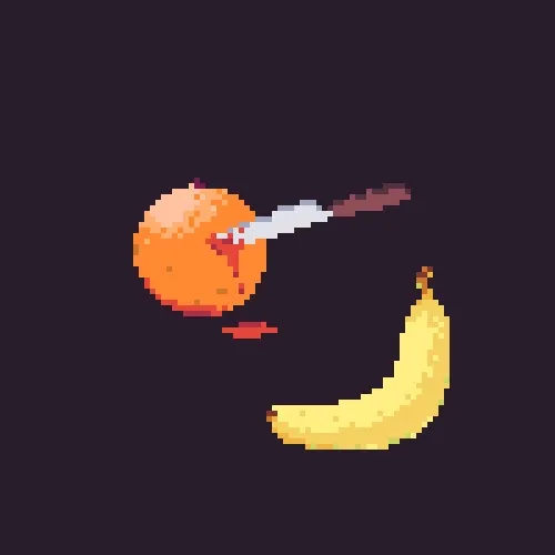 pixel art of a bannana and an orange with a knife in it. Inspired by the Happy Fits