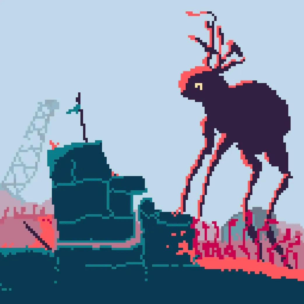 pixel art of Hunter and a raindeer