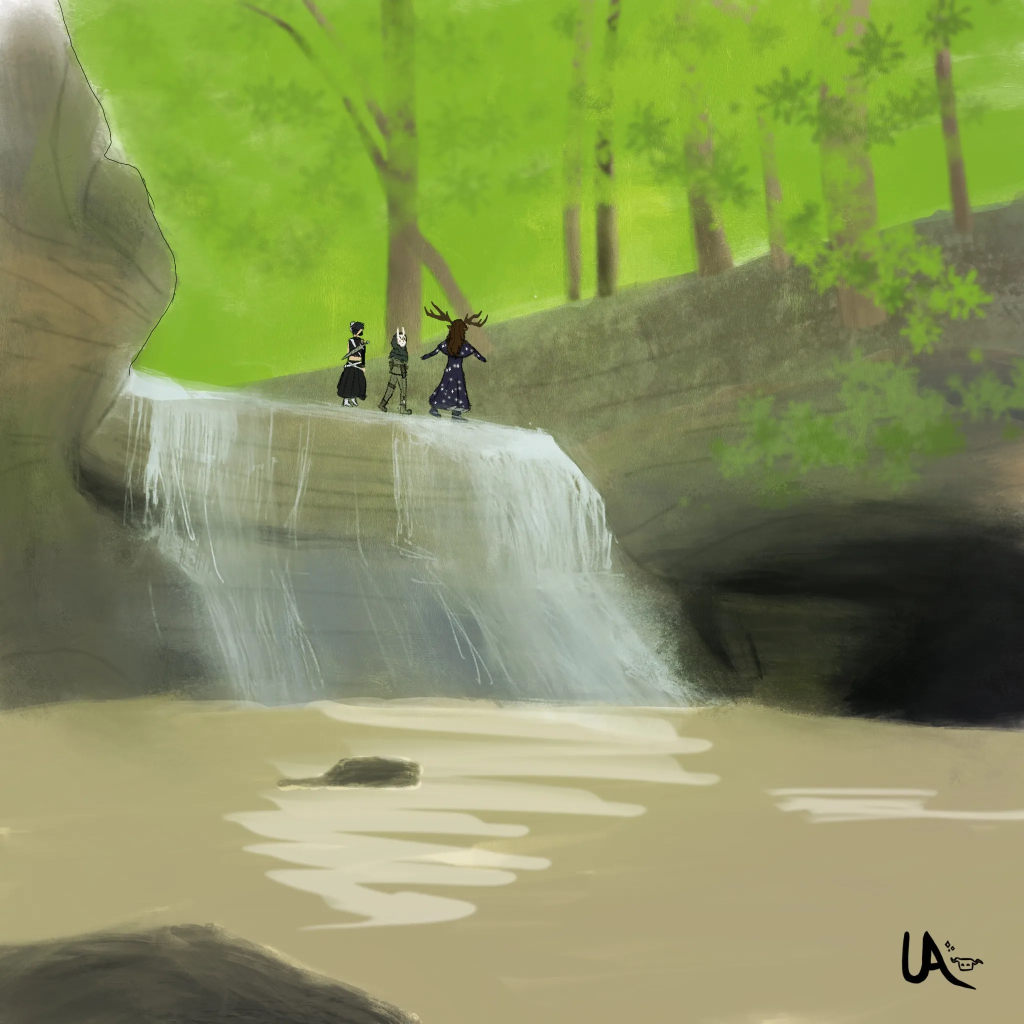 a crew of three cross a small waterfall