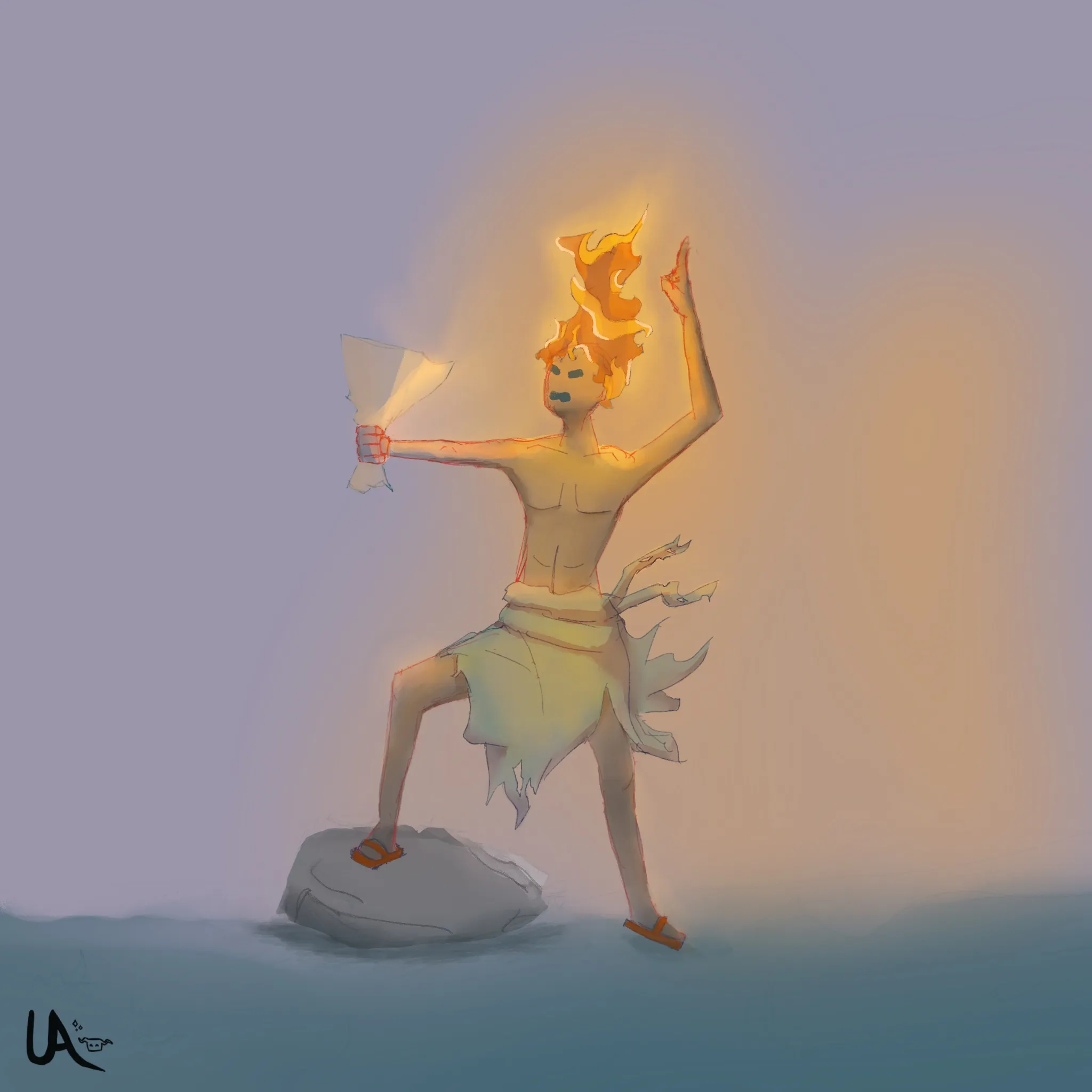 a grey, shirtless figure with flaming hair reads something