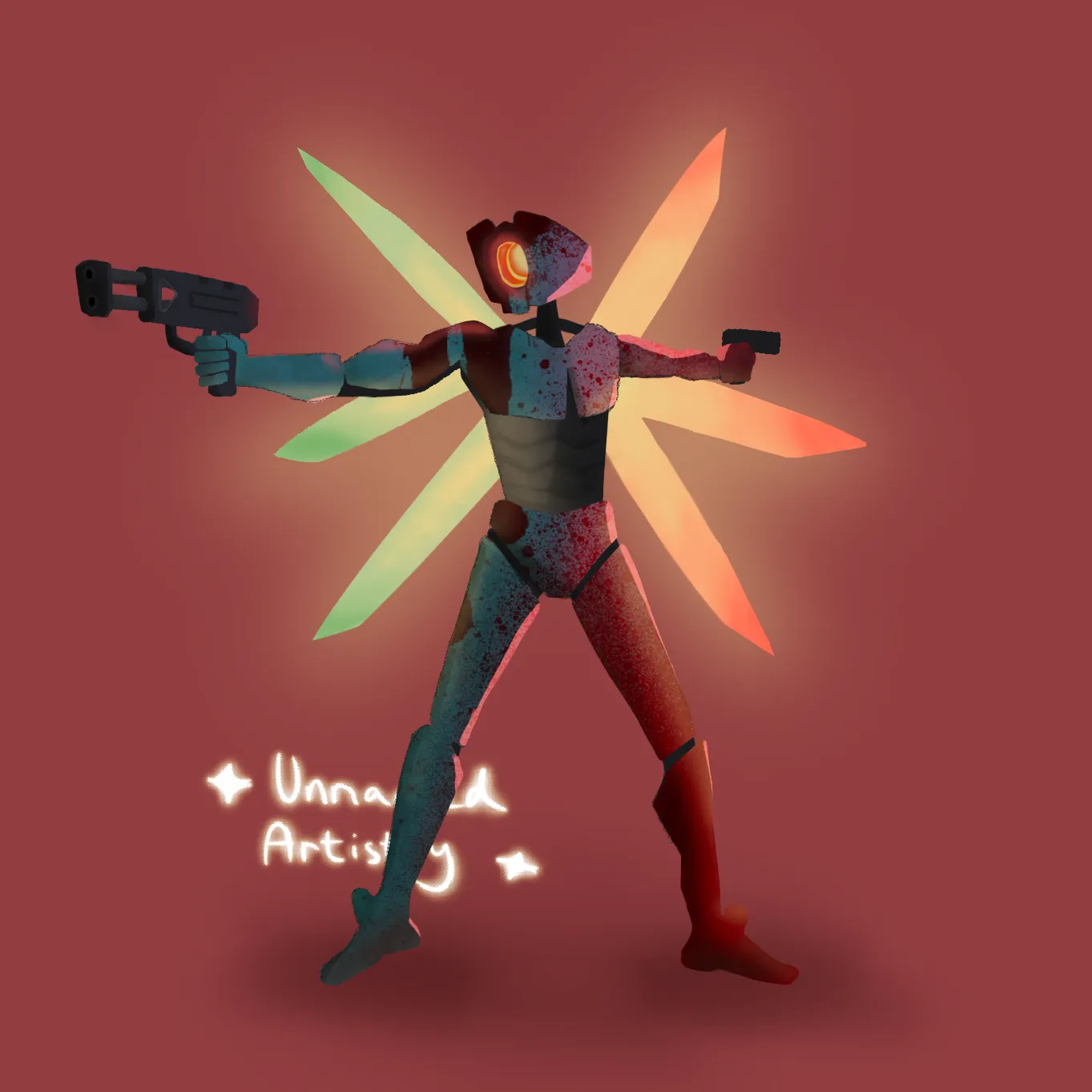V1 from ultrakill, pointing some guns